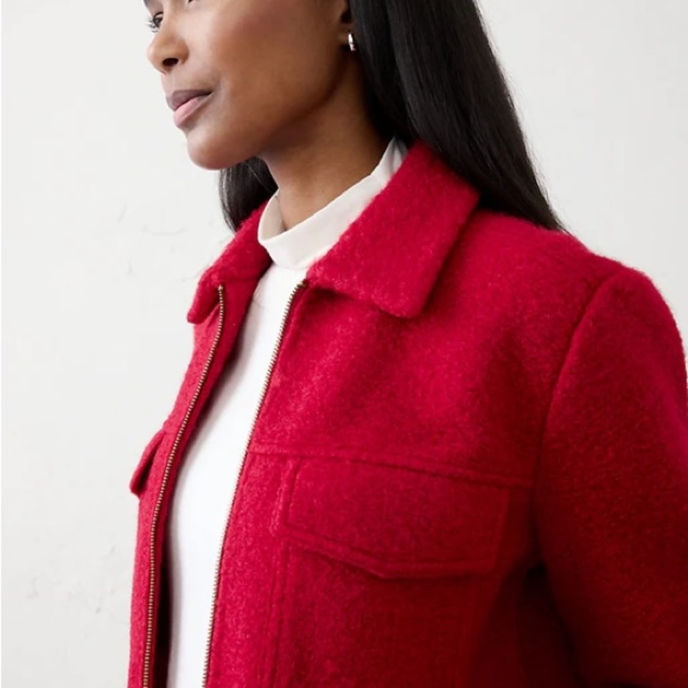 Banana Republic Cropped Red Zip-Front Bouclé Jacket Sz Medium